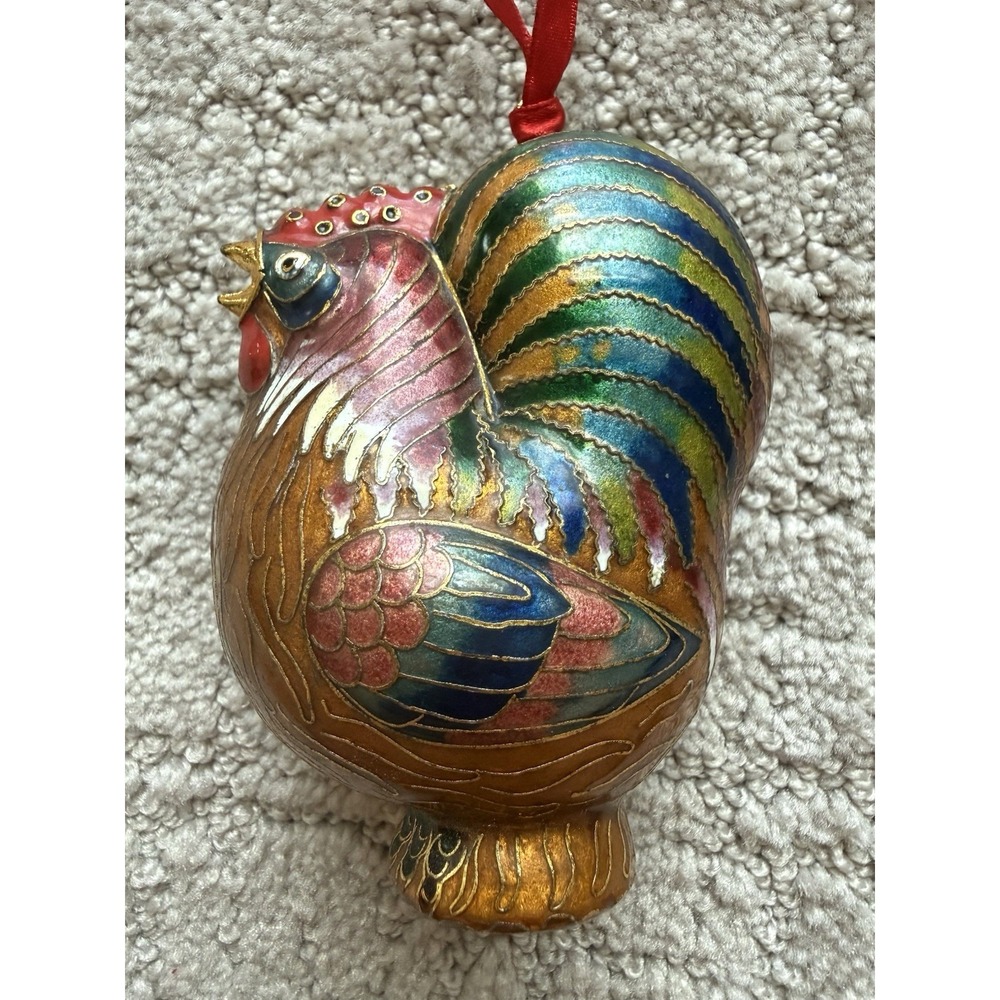 Dillards Trimmings Cloisonne Rooster Chicken Christmas Ornament Brass Enamel 4"